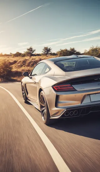 Side view of a high-speed sports car driving on a curved road surrounded by natural landscapes, with motion blur and vintage Instagram toning under a clear sky.