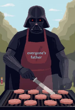 Pixel art of Darth Vader cooking multiple hamburger patties on an outdoor grill, wearing a red apron that says 'everyone's father'.