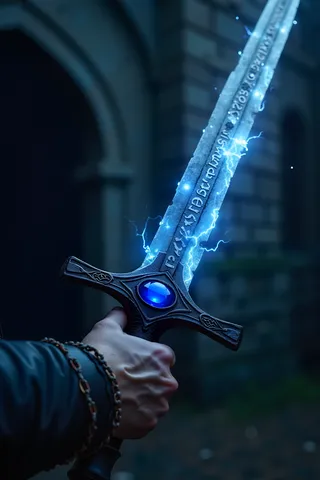 Close-up of a warrior’s hand gripping an ancient enchanted sword with a glowing blue blade, intricate runes, and a sapphire-adorned hilt, set against a shadowy castle entrance.