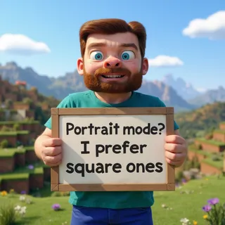 3D Minecraft character Steve with blue eyes and beard holding a sign reading 'Portrait mode? I prefer square ones' with a scenic landscape background.