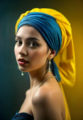 Portrait of a young woman wearing a blue turban and yellow kimono with a pearl earring, set against a dark background.