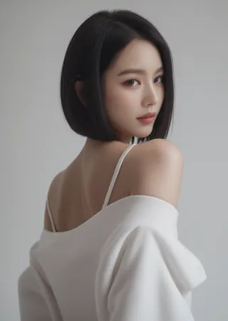 Photorealistic portrait of a beautiful young woman with a long bob haircut, wearing an off-shoulder white top, looking at the viewer against a simple background.