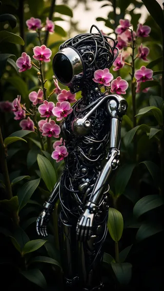 Highly detailed cybernetic robot with metal wires stands surrounded by crowded green foliage and vibrant pink orchids in low light.