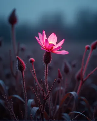 A deep-rooted flower with vibrant DayGlo pink petals glowing against a gray, misty steppe background with ambient lighting creating a mythical and artsy atmosphere.