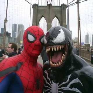 Spider-Man and Venom taking a selfie together on the Brooklyn Bridge with city skyscrapers in the background.