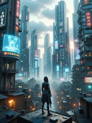 A woman stands on a rooftop overlooking a dense cyberpunk cityscape with modern buildings, holographic advertisements, and a slum-like lower area.