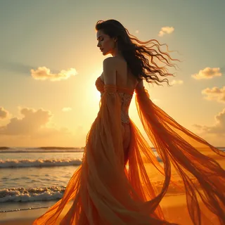 Silhouette of a lady standing on the beach at dawn wearing a flowing transparent orange dress with the sun setting behind her, her hair blowing in the wind.