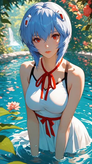 Ayanami Rei with blue hair and red eyes wearing a white sleeveless dress with red ribbons, wading in a clear blue water pool surrounded by flowers and greenery.