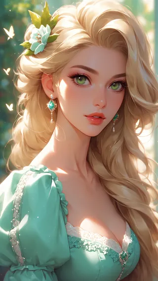 Portrait of a Victorian woman from the 1880s with long blonde hair, large green eyes, wearing light turquoise clothing, floral hair accessory, and dangling green earrings.