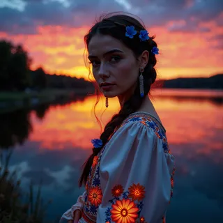 A young Ukrainian woman wearing a traditional vyshyvanka embroidered with glowing blue and orange flowers, standing near a lake at sunset with braided hair decorated with blue flowers.