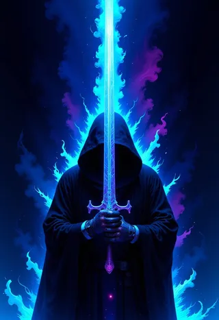 A dark hooded figure wearing a deep robe and metallic gloves holds a colossal glowing neon blue sword, surrounded by vibrant neon flames in a cyberpunk fantasy style.