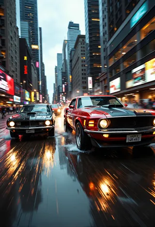 A high-energy car chase between a red 1969 Ford Mustang and a black 1970 Dodge Charger on rain-slicked city streets at dusk, with neon lights reflecting on wet pavement and tall skyscrapers surrounding the scene.