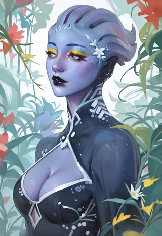 Close up portrait of an Asari woman with blue skin and yellow eye makeup in a garden with flowers, wearing a black dress with a cleavage cutout