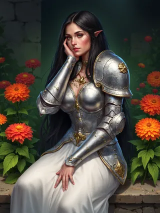 Digital illustration of a female warrior with long dark hair wearing ornate silver armor and a flowing white dress, sitting in a garden surrounded by vibrant orange flowers.