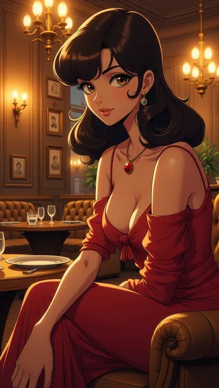 Portrait of a beautiful woman with black hair sitting on a sofa in an elegant dinner room wearing a red dress and jewelry, rendered in classic manga style.