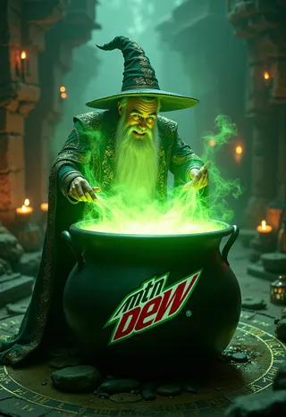 Photorealistic wizard in detailed robes stirring a large bubbling cauldron filled with neon green magical liquid, featuring the Mountain Dew logo prominently.