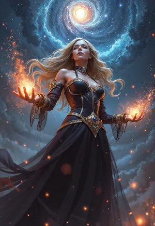 A celestial sorceress with flowing blonde hair in elaborate black and gold attire casts a powerful spell, with galaxies swirling and a black hole forming behind her.