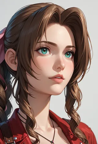 Close-up portrait of Aerith from Final Fantasy VII remake with brown hair, blue eyes, and a grey background in anime style.