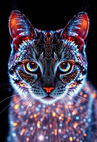 Close-up photorealistic image of a cat formed from intricate, radiant light brights in blue and orange hues, featuring piercing blue eyes with golden flecks.