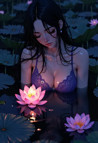 A sexy MILF with soaked wet hair in a violet lace bra bathes on a pitch-black lake, softly illuminated by a glowing lotus-shaped candle, surrounded by lotus flowers and leaves.
