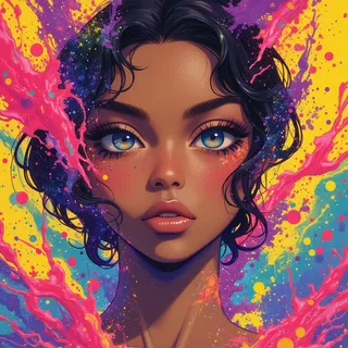 Portrait of a woman with tan skin and detailed blue-green eyes framed by black hair, surrounded by neon paint splatter in bright complementary colors on a vibrant background.