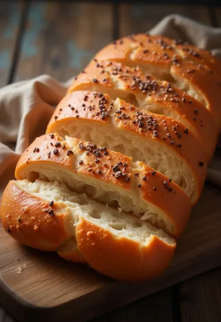 Macro close-up of sliced bread loaf with a golden crust sprinkled with seeds on a wooden cutting board