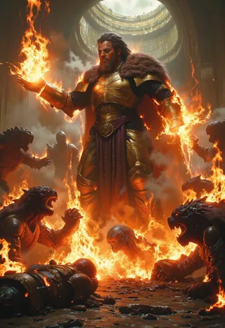 Powerful cleric mage clad in golden armor and fur mantle casts blazing fire spells, incinerating a horde of undead monsters inside an ancient temple with dramatic lighting.