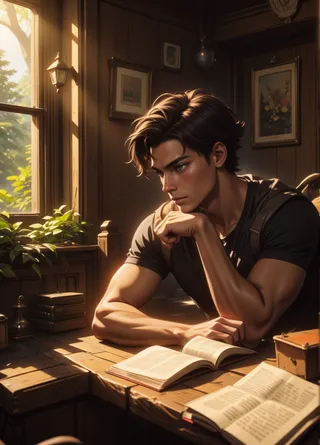 A young man with tousled dark hair sits pensively at a rustic wooden table, bathed in warm golden sunlight streaming through a window, reading an open book in a serene room with wooden accents and greenery outside.
