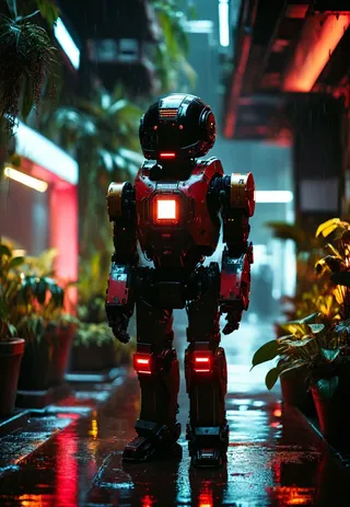 A humanoid robot with glowing red lights stands on a rain-soaked, neon-lit alleyway surrounded by potted plants and dystopian building facades in a cyberpunk atmosphere.