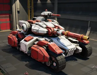 A huge experimental tank with rocket launchers and heavy armor inside a futuristic space station environment.