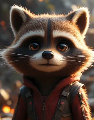 Close-up 3D render of Rocket Raccoon character from Guardians of the Galaxy with big reflective eyes and detailed fur texture in cinematic lighting.