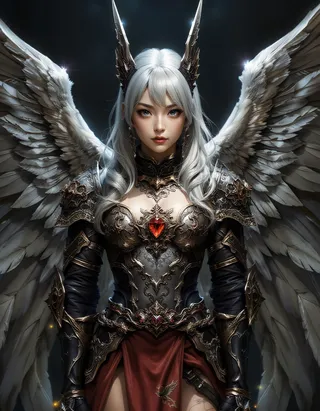 A J-POP girl with silver hair and blue eyes, wearing elaborate ornate fantasy armor with angel wings, standing against a dark background with holy light reflections.