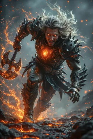 Fierce dark warrior with glowing orange eyes wielding a massive battle axe with red runes, surrounded by fiery embers and lava ground.