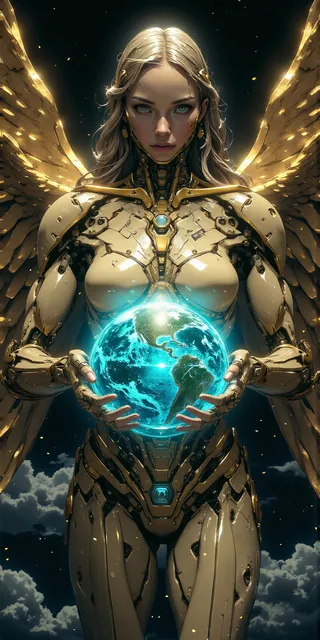 Gigantic cyborg angelic female goddess with a robotic bronze alloy body and glowing wings holding a blue and green planet against a dark space background.