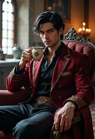 Darius Dusk, a lean young man with dark wavy hair and red eyes, wearing a detailed burgundy jacket, sitting in an ornate chair in a cozy medieval room, drinking tea from a decorated cup.