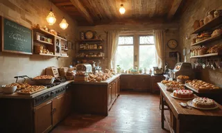 Cozy cake shop interior featuring wooden counters filled with assorted pastries and cakes, exposed brick walls, and natural light from large windows.