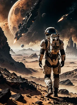 A lone astronaut in a futuristic space suit walks across the rocky, desert-like terrain of a dark, desolate planet with a crashed biomechanical spaceship and scattered debris under a sky with multiple moons and distant planets.