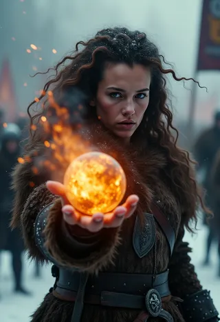 Intensely focused Viking woman warrior with curly hair, wearing fur and armor, hurling a glowing burning meteorite from her hand with snow and blurry battleground background