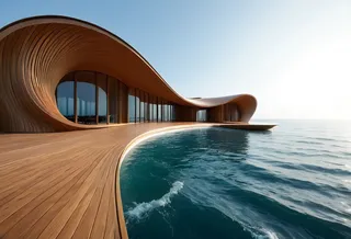 Curved wooden architectural structure flowing seamlessly into the ocean with a serene horizon and rhythmic water waves under a clear sky.