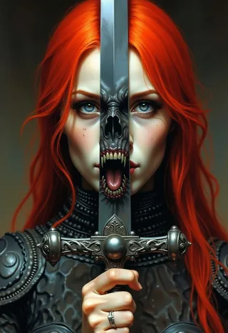 Closeup portrait of a pale woman with bright red hair and chainmail armor holding a sword vertically. The sword divides her face, reflecting a monstrous face with fangs on its blade.
