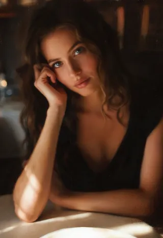 Zbliżony portret pięknej kobiety z falującymi brązowymi włosami i wyrazistymi niebieskimi oczami, ubranej w elegancką czarną sukienkę, siedzącej w ciepło oświetlonej restauracji z kochającym uśmiechem.