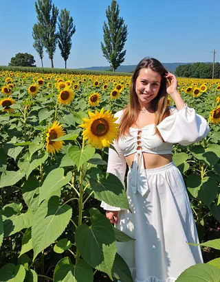 Young woman wearing a white crop top and skirt stands smiling in a vibrant sunflower field under a clear blue sky on a sunny day.