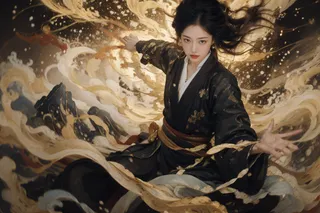 A female figure in traditional Chinese dress surrounded by a swirling golden vortex resembling a phoenix with mountains and sunrise light in the background.