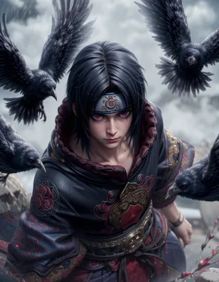 Close-up of Itachi with pale skin, bright red eyes, and long dark hair wearing a headband with the Konoha symbol and a black cloak with red cloud patterns, surrounded by flying crows.