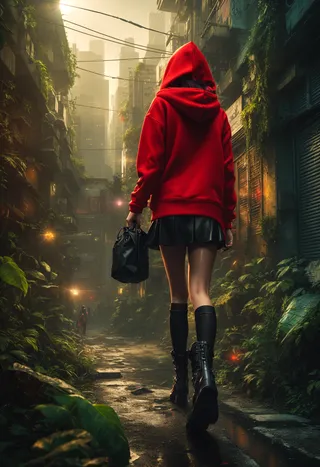 A girl wearing a red hoodie and black miniskirt walks through a dense, overgrown city alleyway with knee-high socks and high boots, carrying a black bag under soft, golden lens flare lighting.