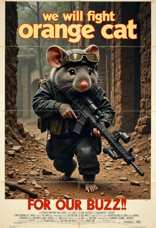 A vintage-style movie poster featuring a battle-ready mouse soldier in tactical gear holding a modern rifle, with bold text 'we will fight orange cat for our BUZZ!!'.