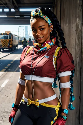 Dark-skinned woman with long braided hair tied with a colorful bow hairband, wearing earphones, a crop top, gloves, and standing under a highway overpass.