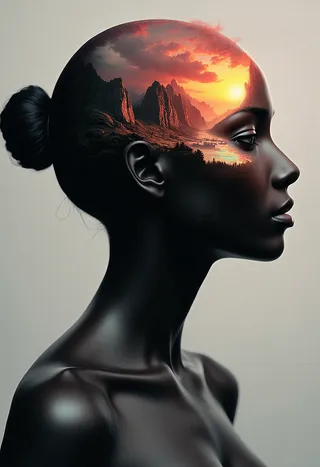 Side profile of a female figure with smooth shiny black skin, featuring a semi-transparent head showing a vibrant sunset landscape with mountains and clouds.