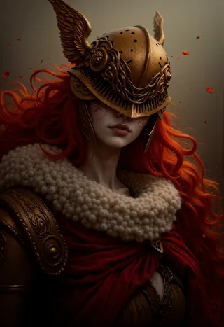 Portrait of Malenia with fiery red hair, wearing a detailed golden winged helm and crimson battle armor with a fluffy fur collar.