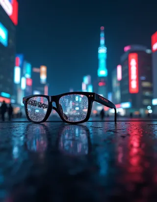 Close-up of AR glasses with raindrops on lenses, reflecting bright LED lights of Tokyo city center at night, with urban buildings and neon signs blurred in background.